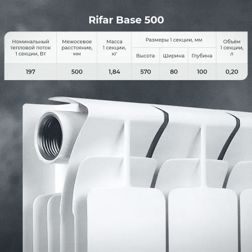 Рифар Бейс 500 характеристика радиатора, теплоотдача, вес, размер, объëм